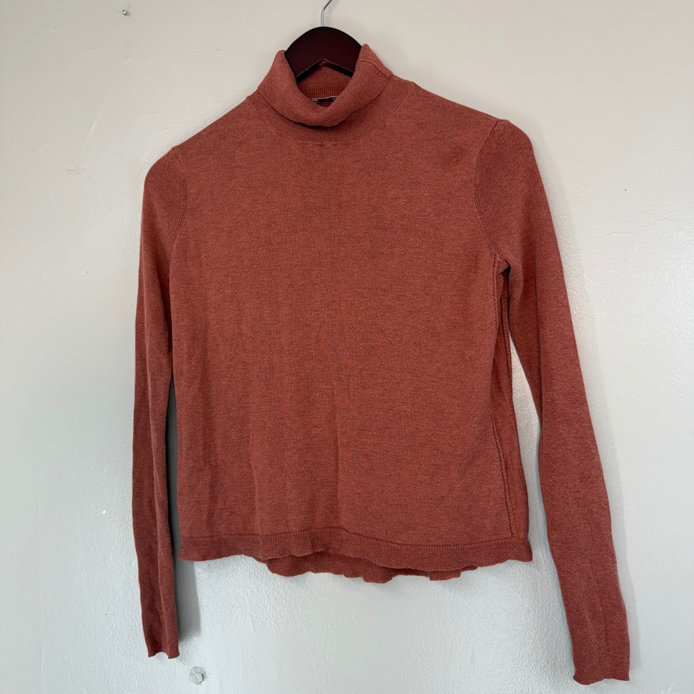 Poetry Silk Cashmere Turtleneck Sweater Rust Terracotta Pointelle US 6 UK 10